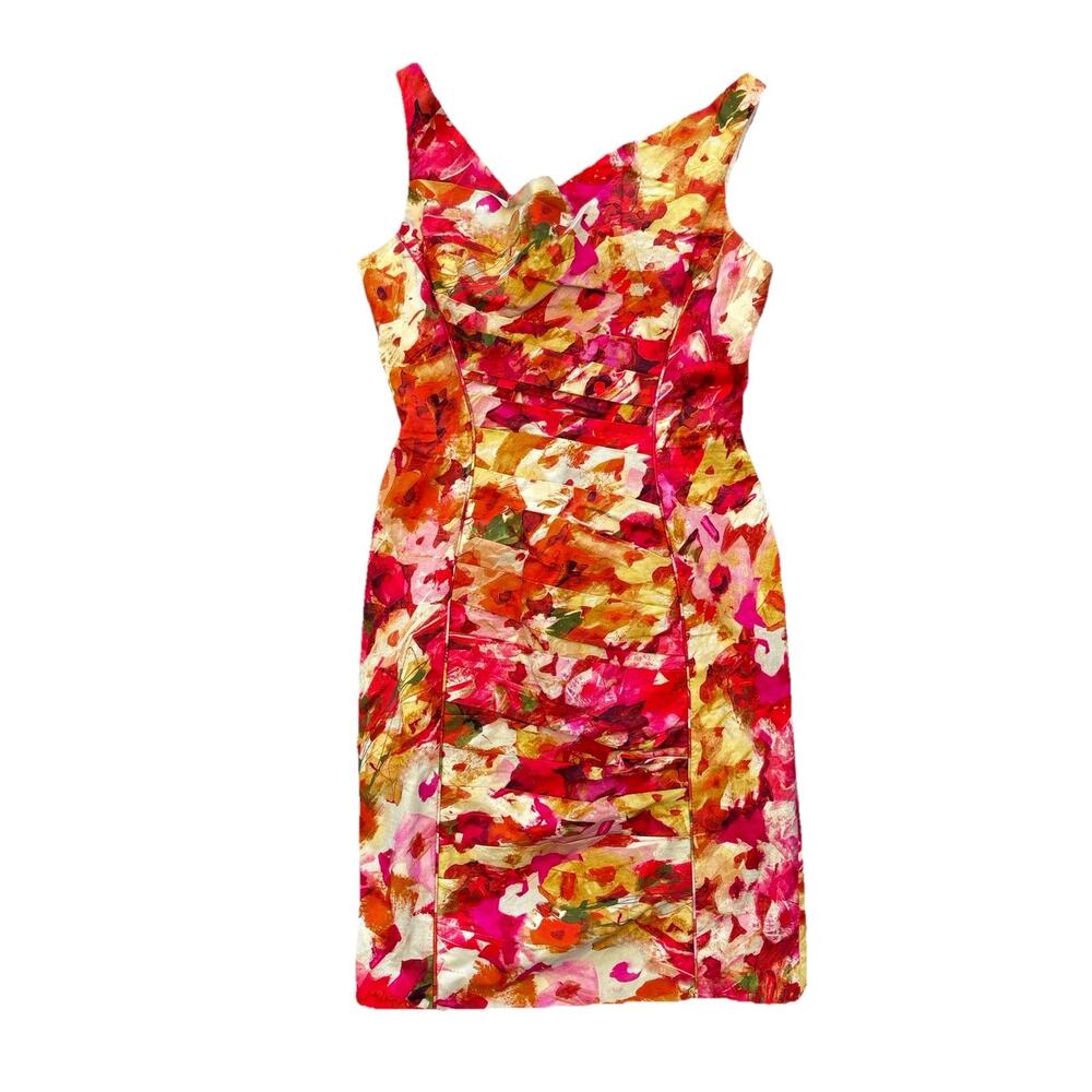 Theia Watercolor Spring Midi Dress Classic Pink Green Spring Women’s 4